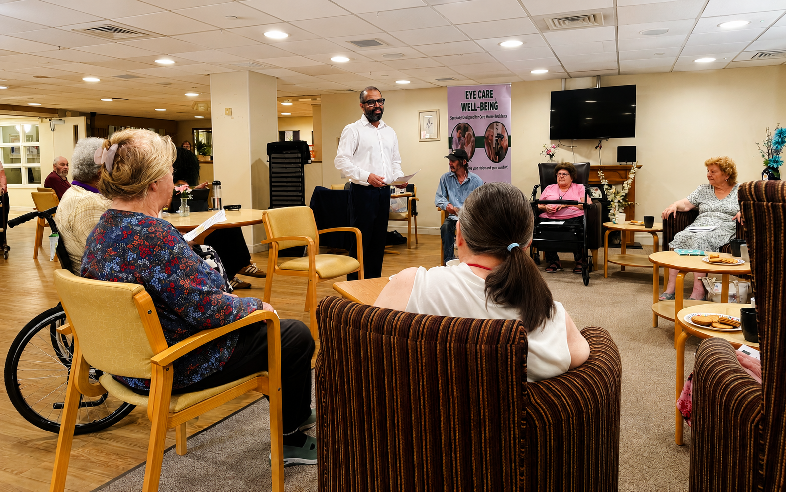 GOC-registered optometrist delivering an eye health talk to residents seated in a communal lounge